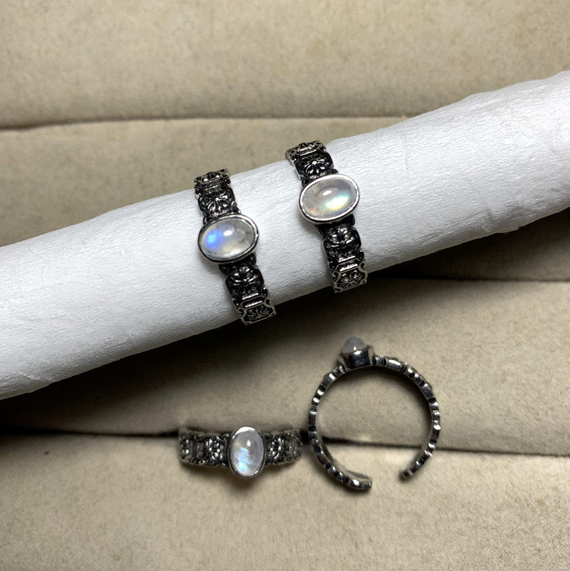 天然蓝月光石戒指女复古白铜托