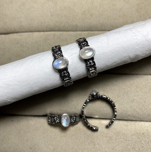 天然蓝月光石戒指女复古白铜托