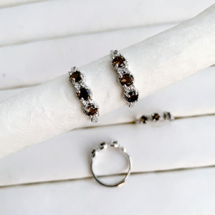 天然茶水晶戒指女排戒白铜托活口简约时尚烟晶水晶百搭饰品