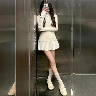 韩系学院风假两件针织衫 女2025冬设计感气质上衣短裙 半身裙子套装