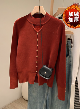 新春氛围感穿搭红色半高领长袖针织打底衫女秋冬一体加绒内搭上衣