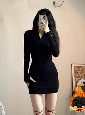 加绒针织连衣裙女包臀裙黑丝搭配秋冬季新款性感修身裙子辣妹韩系