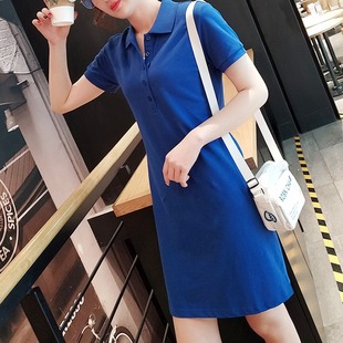 夏季 純色POLO連衣裙翻領短袖 中長款 休閑t恤裙運動網球A字裙女 新款