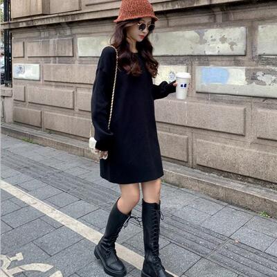 针织连衣裙女宽松秋冬季配大衣内搭新款显瘦裙子打底毛衣裙中长款