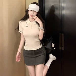 撞色刺绣polo领短袖 收腰设计感气质显身材上衣 针织T恤女夏季 修身