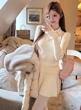 千金学院风 上衣假两件针织衫a字半身裙女秋冬新款韩系针织套装裙