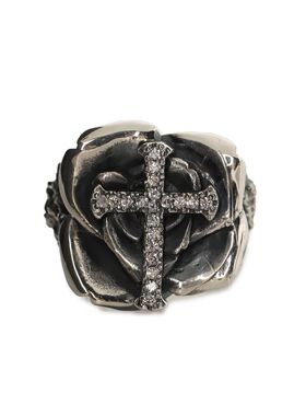 TOP-YAMAMOTO暗黑风十字架玫瑰花戒指男女复古个性银色金属指环