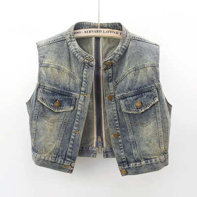 复古拉链机车牛仔马甲女短款