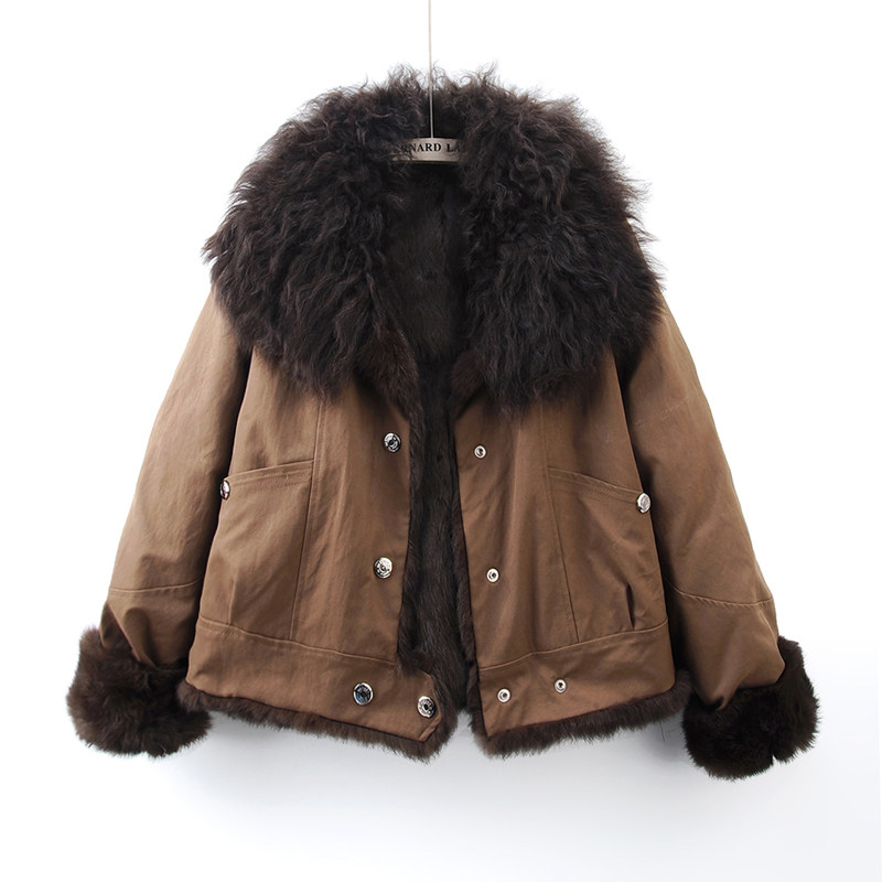 2025冬季新款羊羔毛领兔毛内胆皮草短外套女派克服短款正反两面穿