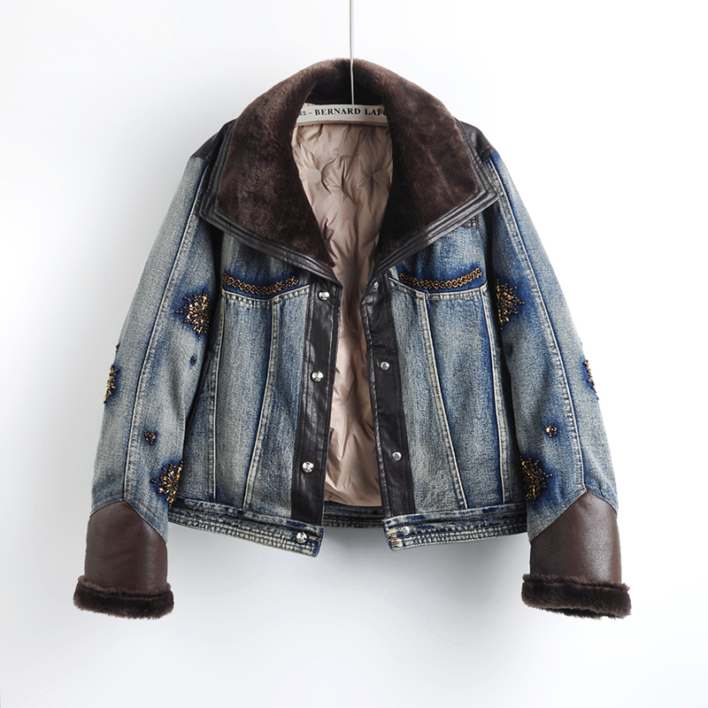 时尚钉珠拼皮羽绒内里牛仔外套女