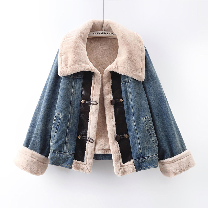 2025冬季新款仿水貂毛一体绒牛仔外套女宽松加绒加厚保暖棉服上衣