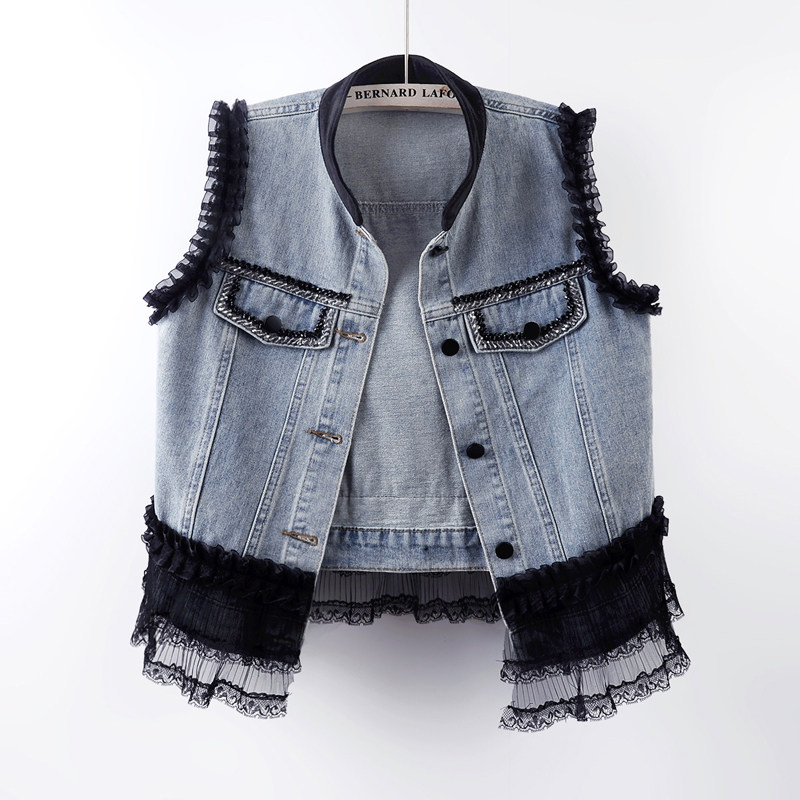 2025春秋新款重工串珠蕾丝花边牛仔马甲女士无袖坎肩背心上衣外套