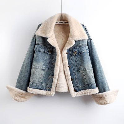 加厚毛毛牛仔外套女加绒保暖