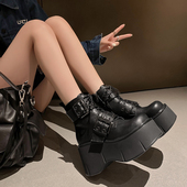 亚文化厚底鞋 真皮圆头系带厚底马丁靴女2023新款 秋季 松糕高跟短靴