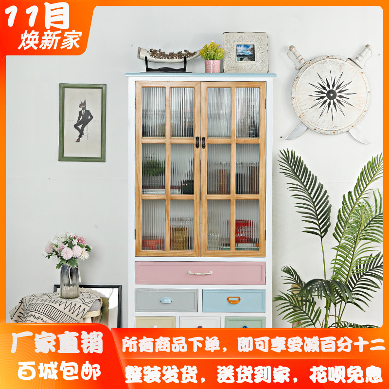 美式双门书柜家用书橱书架实木两门展示柜客厅带玻璃落地储物酒柜