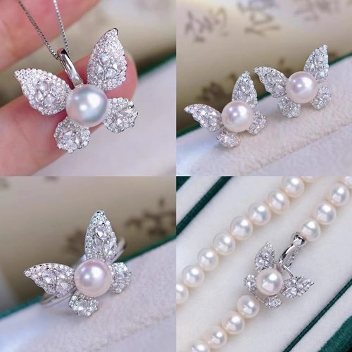 DIY珍珠配件 铜镀金爆款蝴蝶 吊坠扣耳钉戒指项链扣子套装 半成品