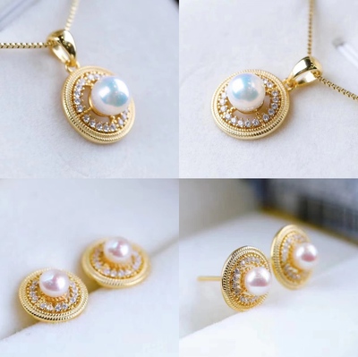 铜满月吊坠银针耳钉套装珍珠配件