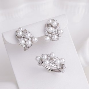 DIY珍珠配件 S925纯银M家同款多珠耳扣戒指套装半成品 金色银色