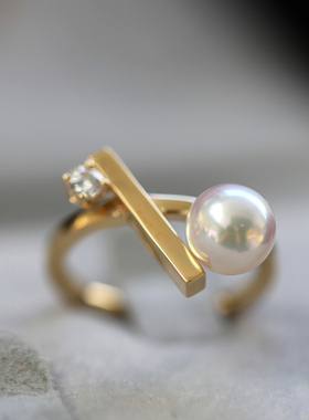 DIY珍珠配件 18K包金铜厚镀金T家交叉平衡木戒指半成品6-9.5mm