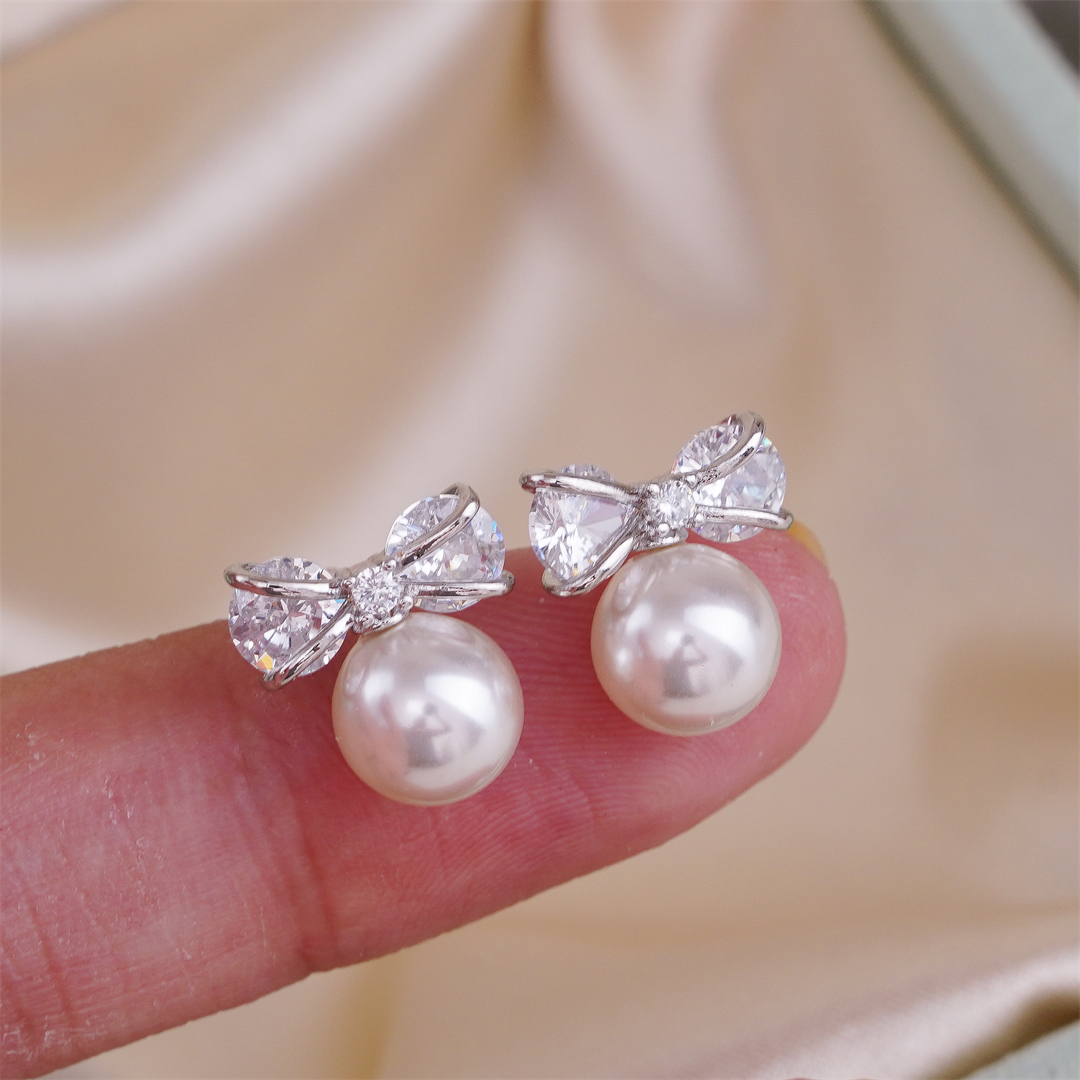 DIY珍珠配件 铜镀金蝴蝶结款闪耀S925银针耳钉半成品 金色银色