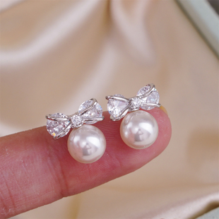 DIY珍珠配件 铜镀金蝴蝶结款闪耀S925银针耳钉半成品 金色银色