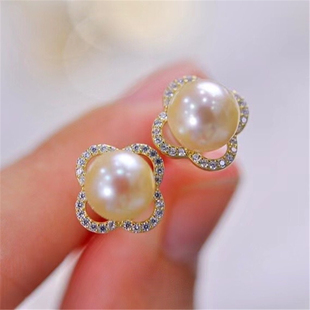 DIY珍珠配件 18K包金铜镀真金幸运草款S925纯银耳针耳钉半成品女