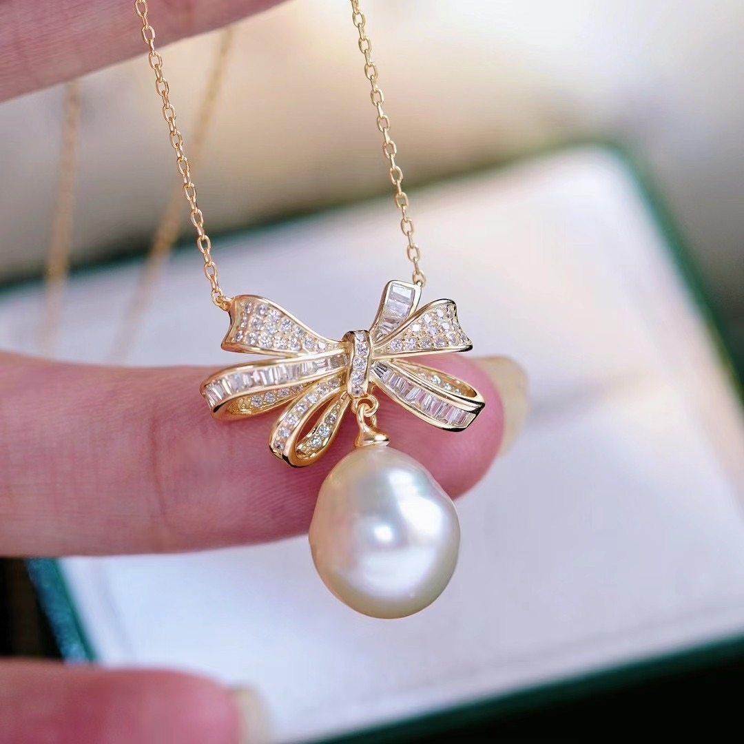 DIY珍珠配件 S925纯银丝带蝴蝶结款复古时尚吊坠项链锁骨链半成品