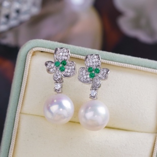 DIY珍珠配件 18K包金铜厚镀金幸运草款祖母绿元素耳钉耳坠半成品