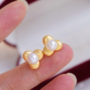 DIY珍珠配件 18K包金铜厚镀金哑光高级感幸运草耳钉半成品 6-7mm