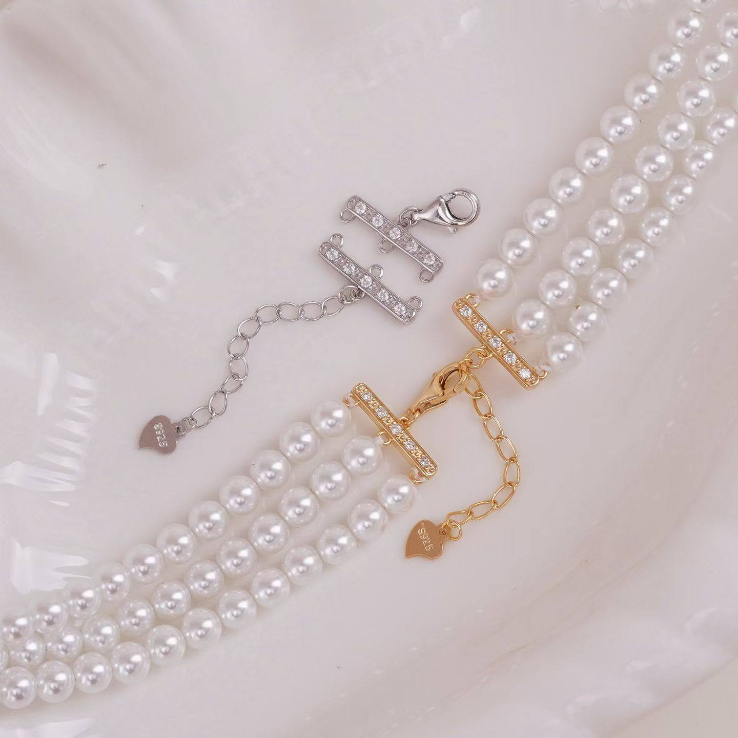 DIY配件 S925纯银三排扣子 珍珠项链毛衣链收尾银扣 金色银色