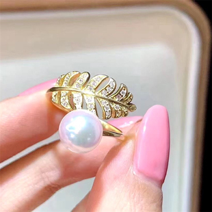 DIY珍珠配件 M家羽毛款开口戒指人气爆款18K包金微镶锆石半成品女