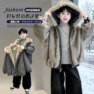男童两面穿派克服加厚皮毛一体外套2026新款冬装加棉中大童夹克