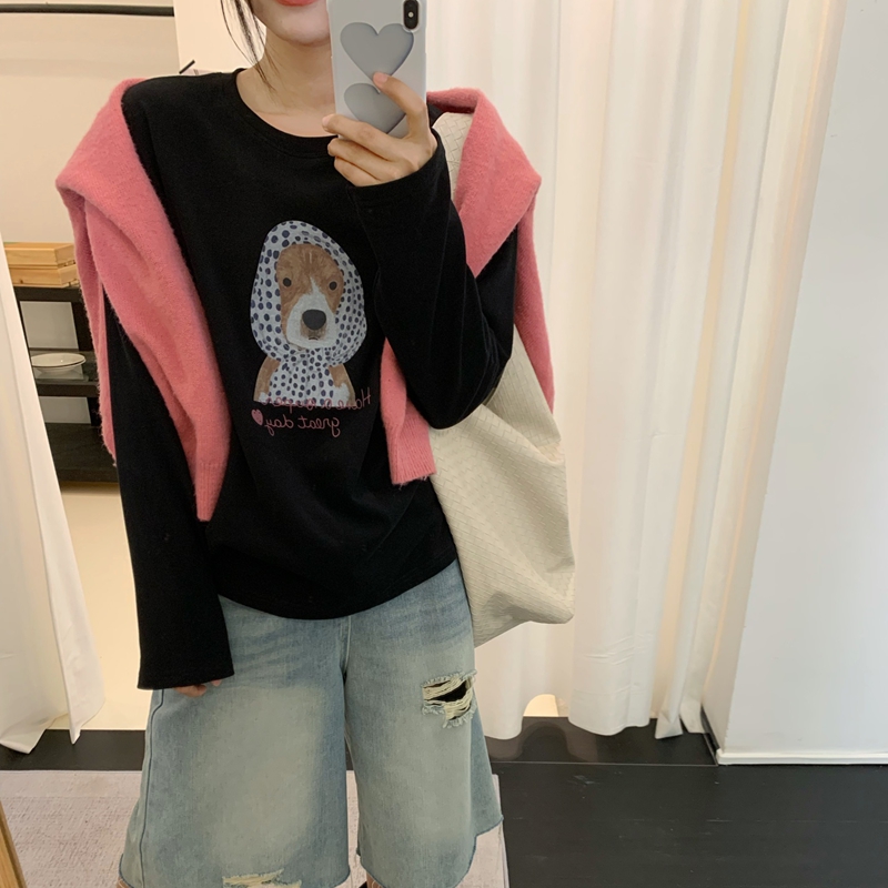 黑色卡通波点印花长袖T恤女秋季2025新款慵懒风百搭休闲上衣外穿