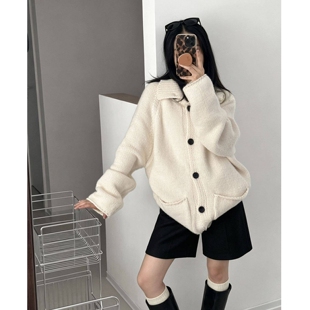 韩系翻领中长款毛衣开衫女秋冬款宽松慵懒风加厚软糯针织外套上衣