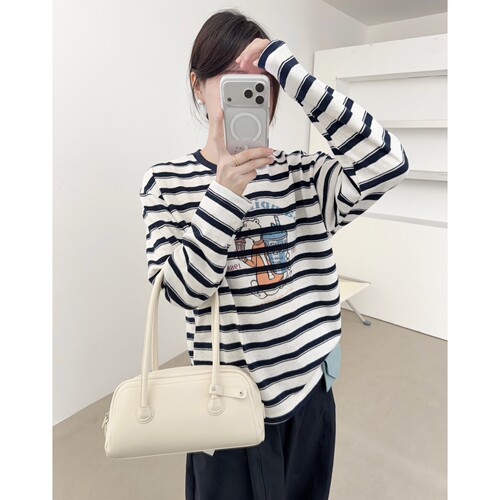 韩版条纹卡通宽松长袖女T恤薄款