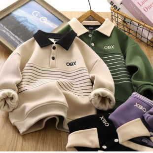 冬季 儿童POLO衫 男童加绒卫衣秋冬装 男孩一体绒保暖上衣 加绒