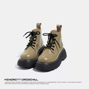 真皮厚底五孔马丁靴女秋冬季 ins大头复古加绒绿色短靴增高5cm 新款