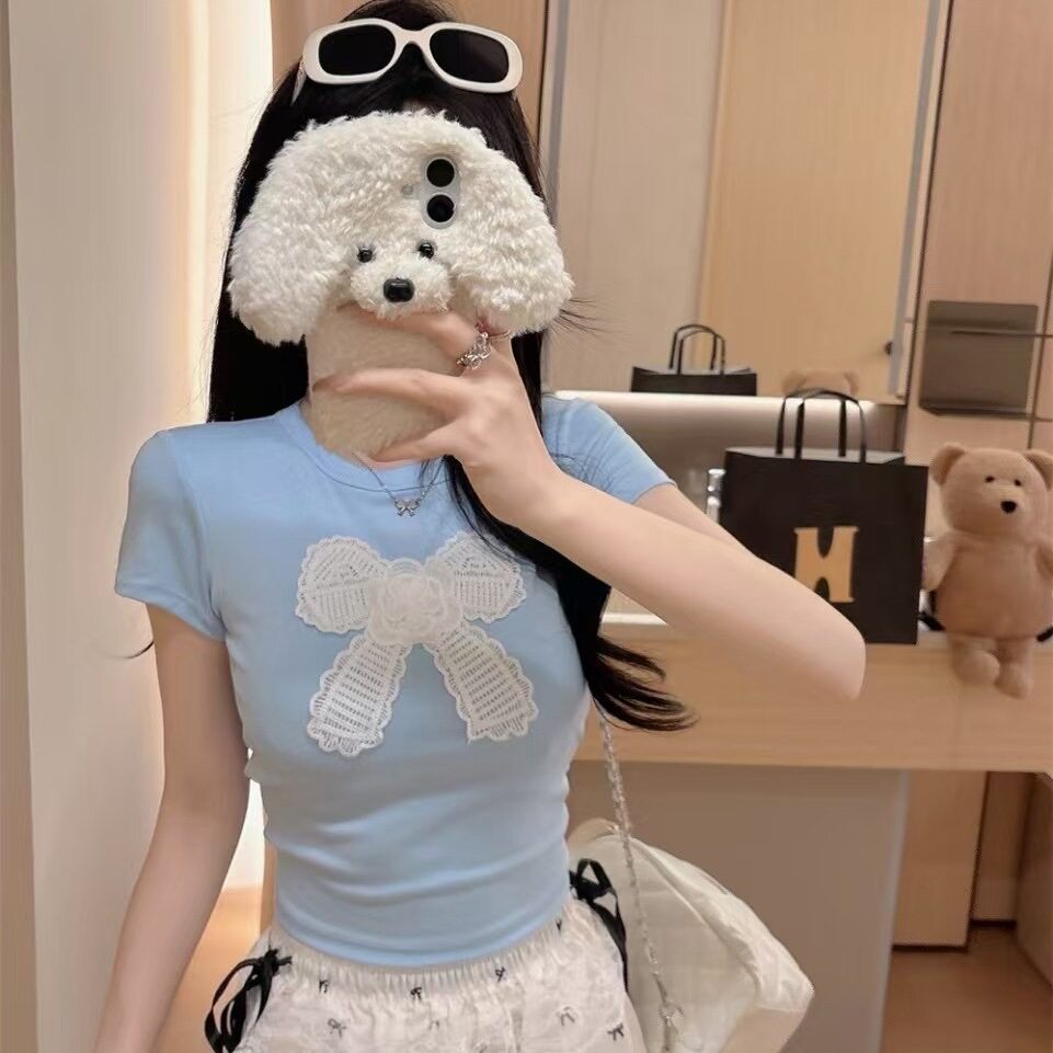 纯欲风性感蝴蝶结绣花短袖T恤夏