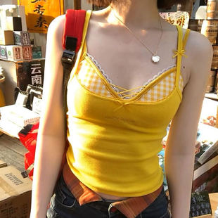 顯瘦打底抹胸上衣 純欲風性感假兩件格子吊帶背心女帶胸墊內搭修身