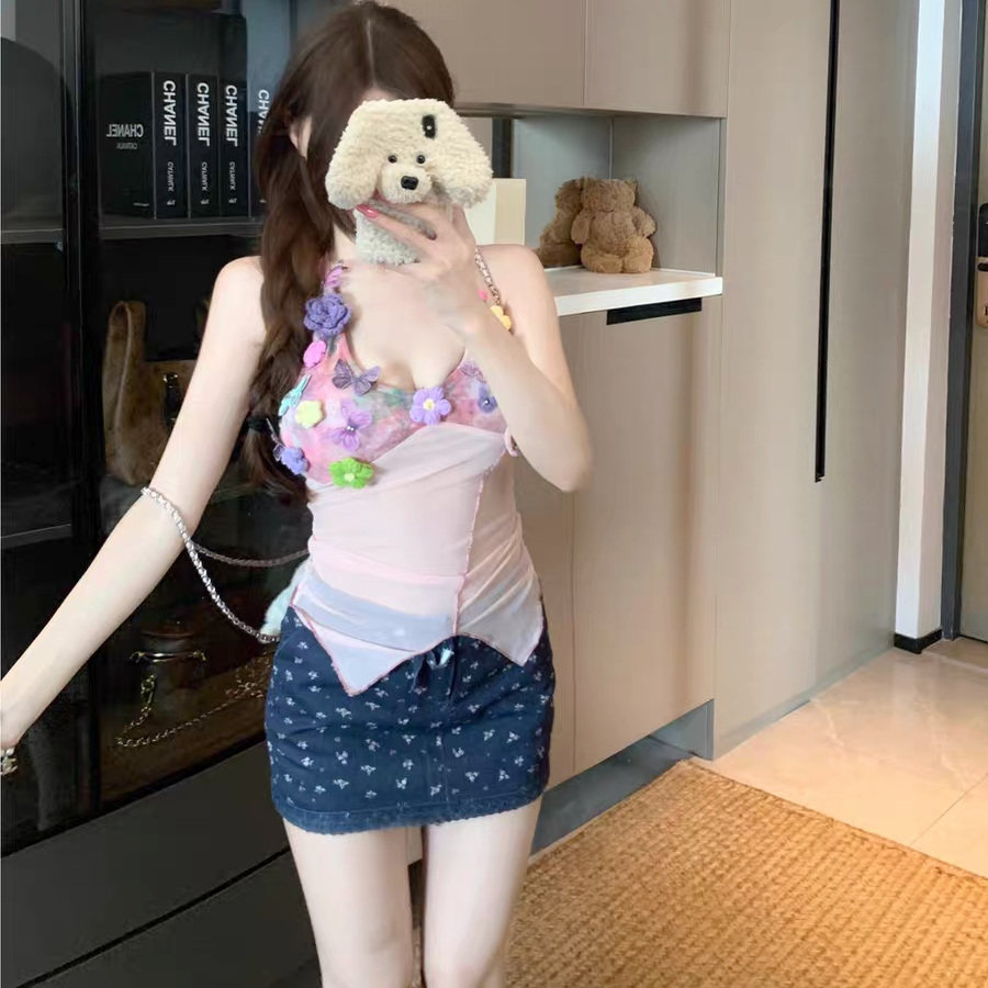 纯欲性感蝴蝶立体花挂脖吊带背心