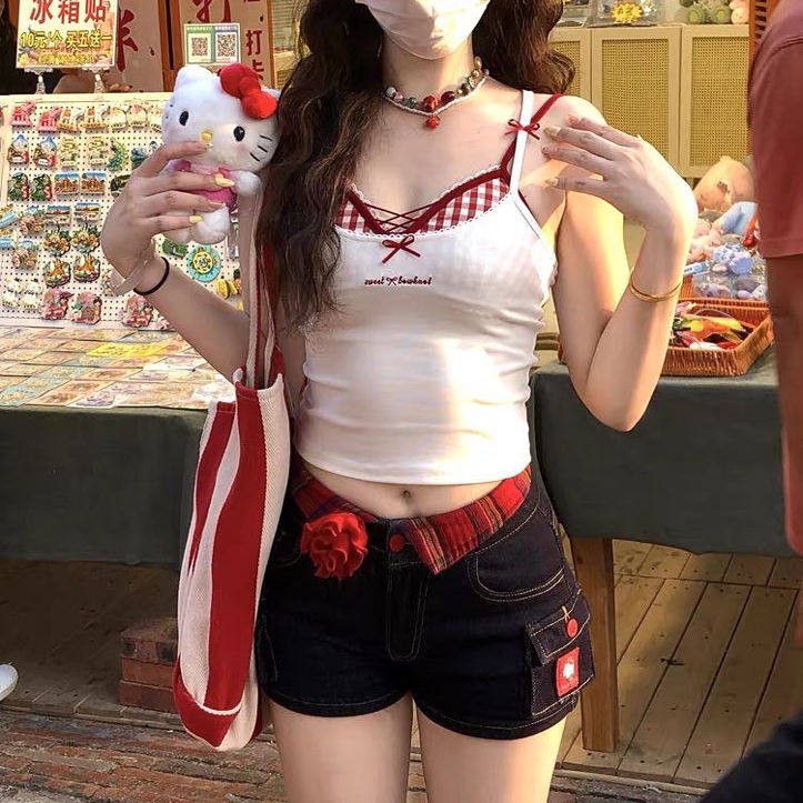 纯欲风性感辣妹假两件格子吊带背心女带胸垫内搭修身显瘦抹胸上衣