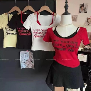 美式辣妹字母印花假两件短袖T恤女带胸垫修身显瘦内搭外穿上衣潮