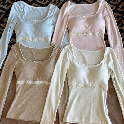 纯欲风蕾丝花边磨毛长袖T恤上衣