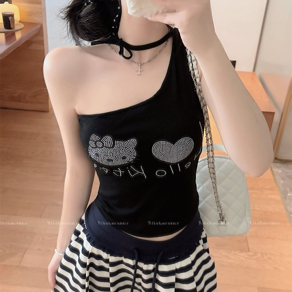 纯欲风性感辣妹KT猫烫钻斜肩背心