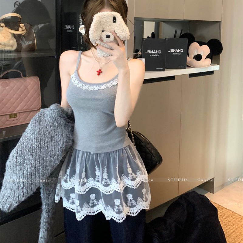 纯欲风蕾丝拼接吊带背心女带胸垫内搭叠穿修身显瘦打底美背上衣潮