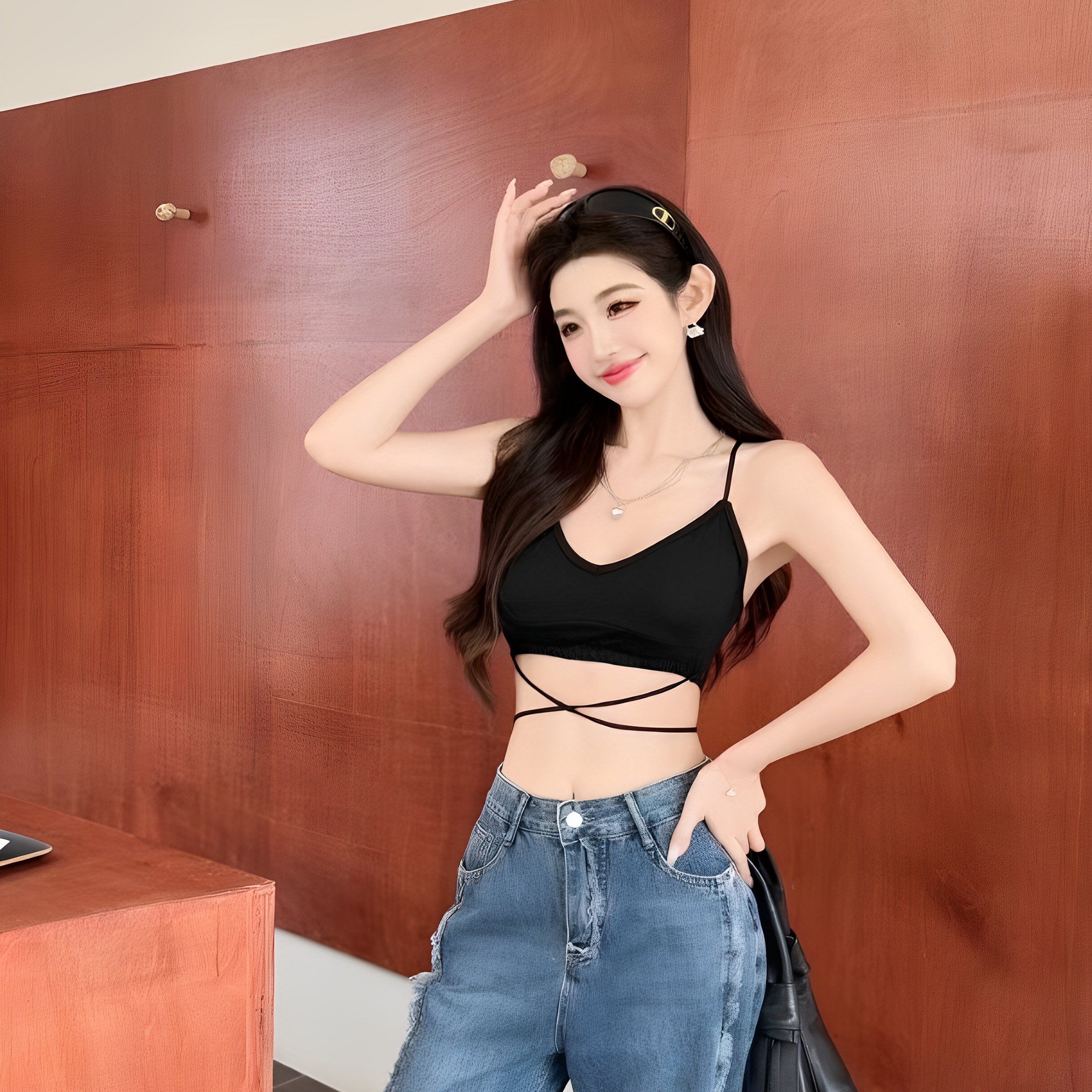 纯欲风性感辣妹交叉绑带美背吊带背心女内搭外穿带胸垫抹胸上衣夏