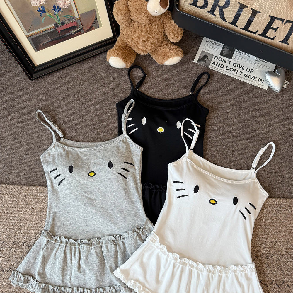 纯欲风性感荷叶边kt猫吊带背心夏