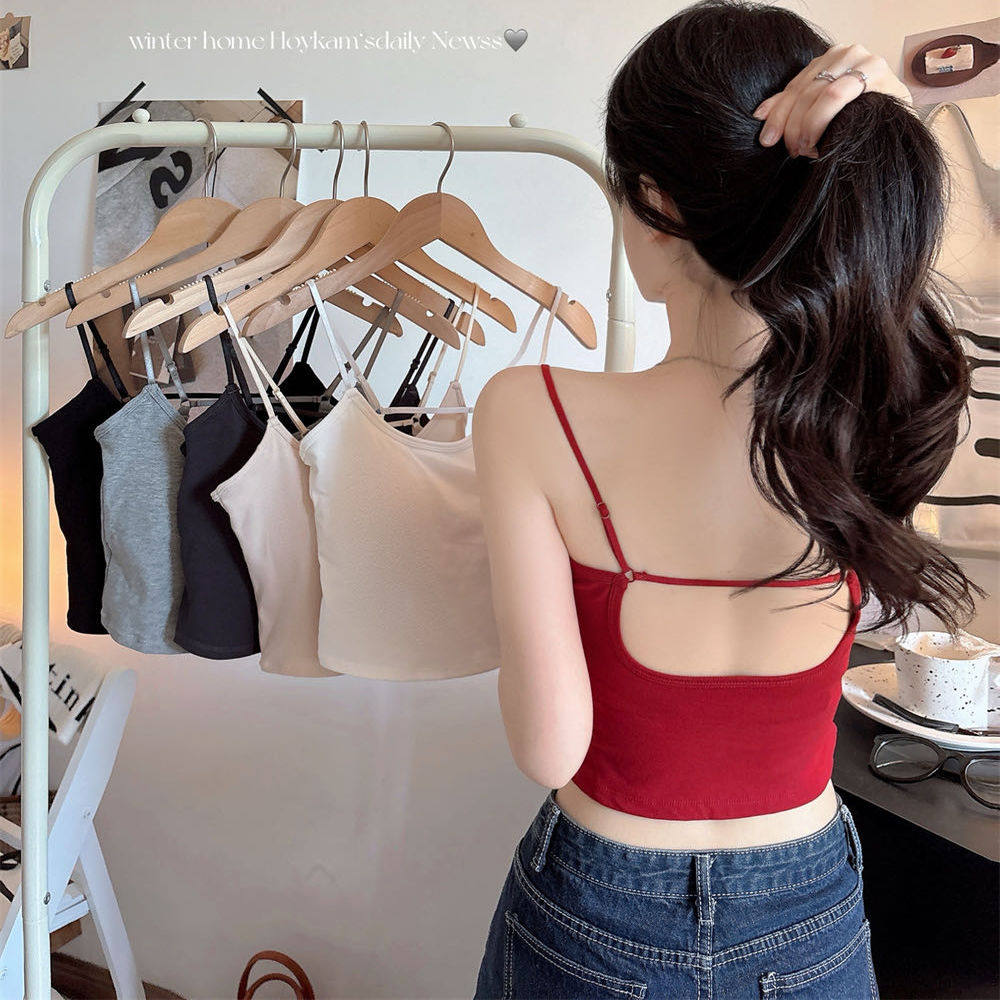 辣妹风露背镂空磨毛吊带背心女秋冬季带胸垫美背抹胸内搭保暖上衣