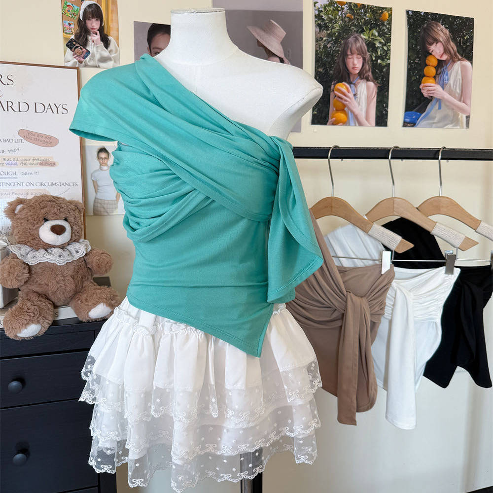 不对称飘带扭结单肩吊带背心女夏季小个子内搭外穿带胸垫美背上衣