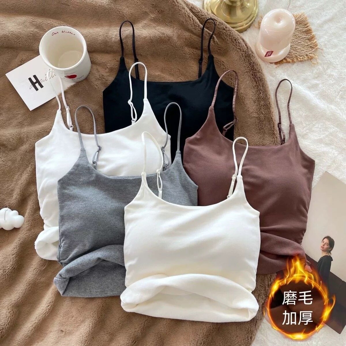 纯欲褶皱吊带背心女秋冬季内搭带胸垫加厚磨毛百搭打底衫保暖上衣